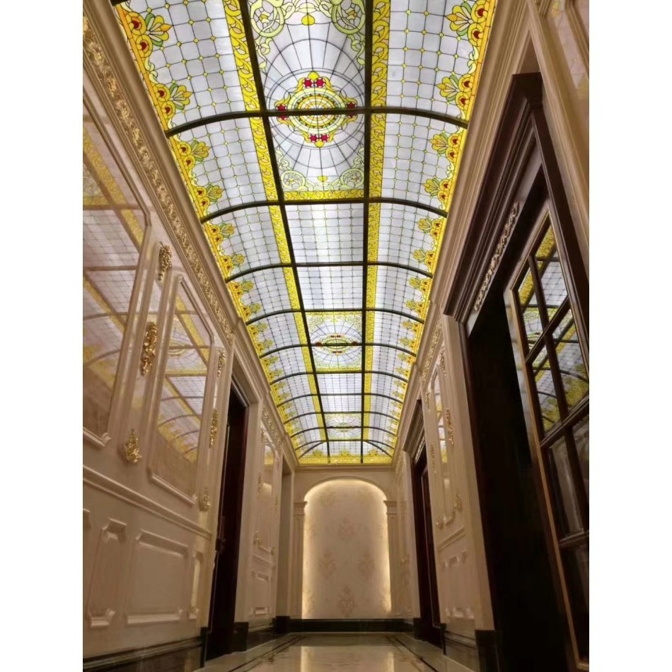 Handmade Art Decorative Stained Glass Ceiling Roof Skylight Led Ceiling Panel Artificial Skylight Stained Glass Skylight