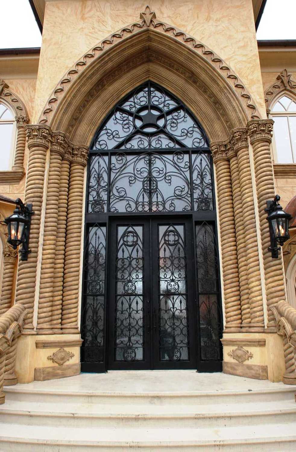 Arch Top Modern Security Wrought Iron Doors Double Exterior Glass Door