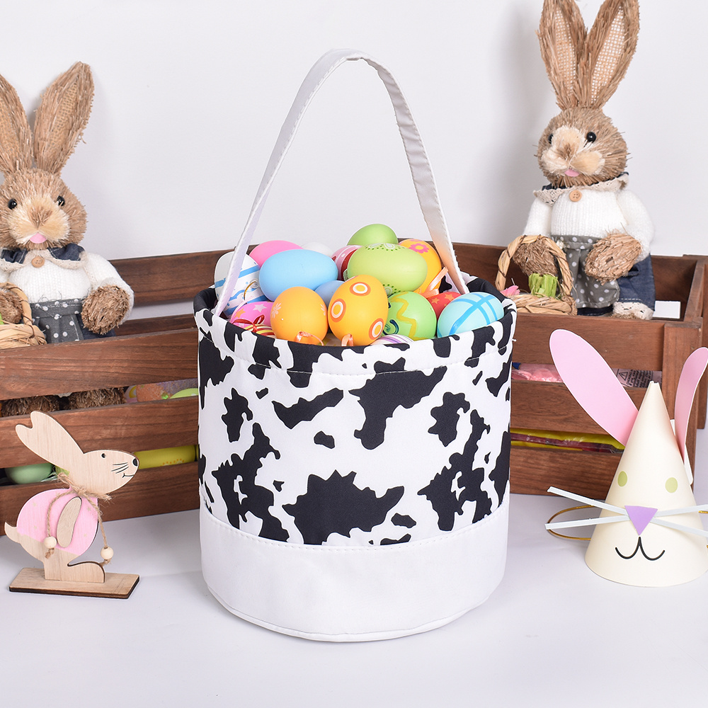 2024 New Arrival Cow Print Leopard Canvas Easter Basket for Kids Candy Happy Easter Egg Hunt Basket