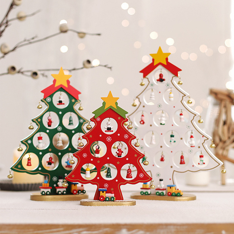 DIY Christmas Decorations Small Christmas Tree Wooden Ornaments Christmas Tree Desktop Crafts For Festival Kids Gifts