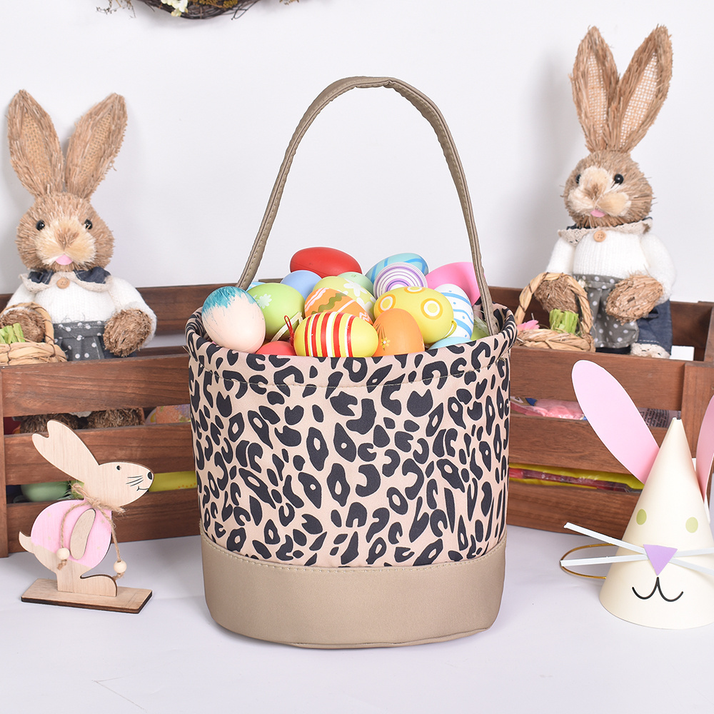 2024 New Arrival Cow Print Leopard Canvas Easter Basket for Kids Candy Happy Easter Egg Hunt Basket