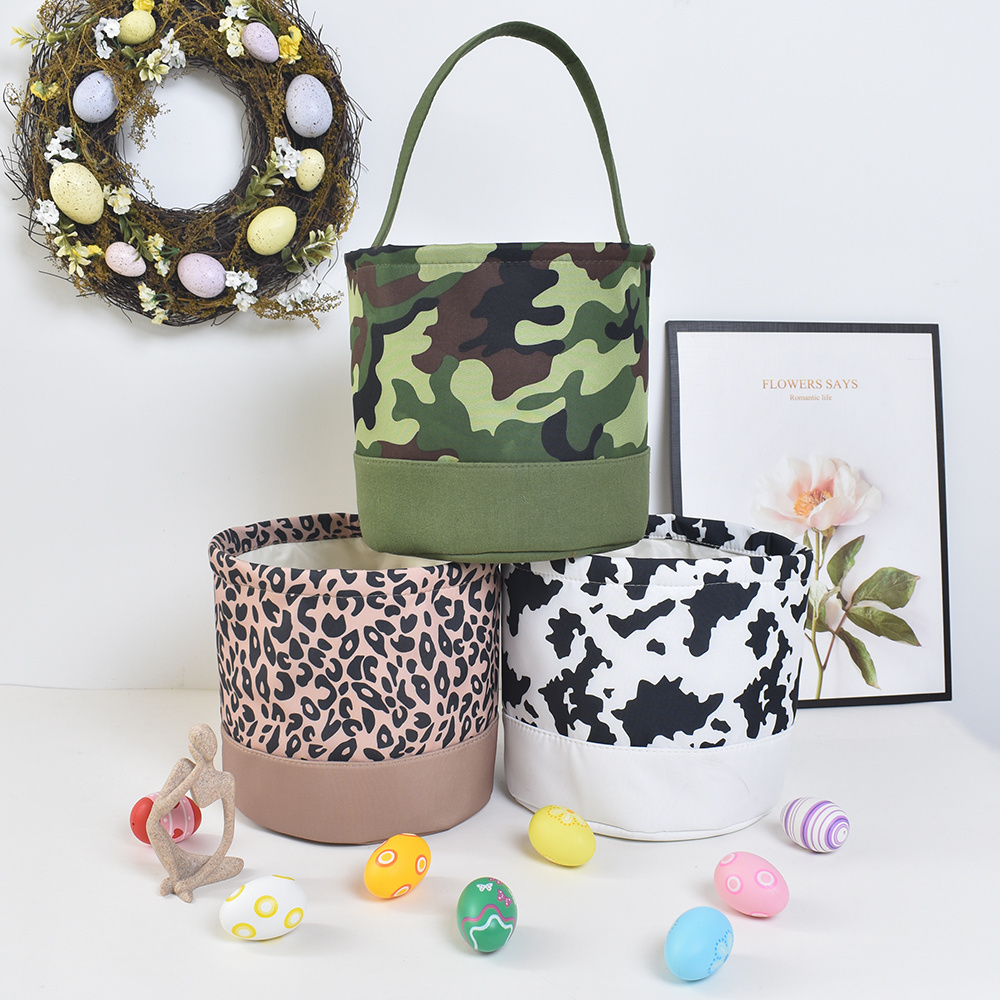 2024 New Arrival Cow Print Leopard Canvas Easter Basket for Kids Candy Happy Easter Egg Hunt Basket