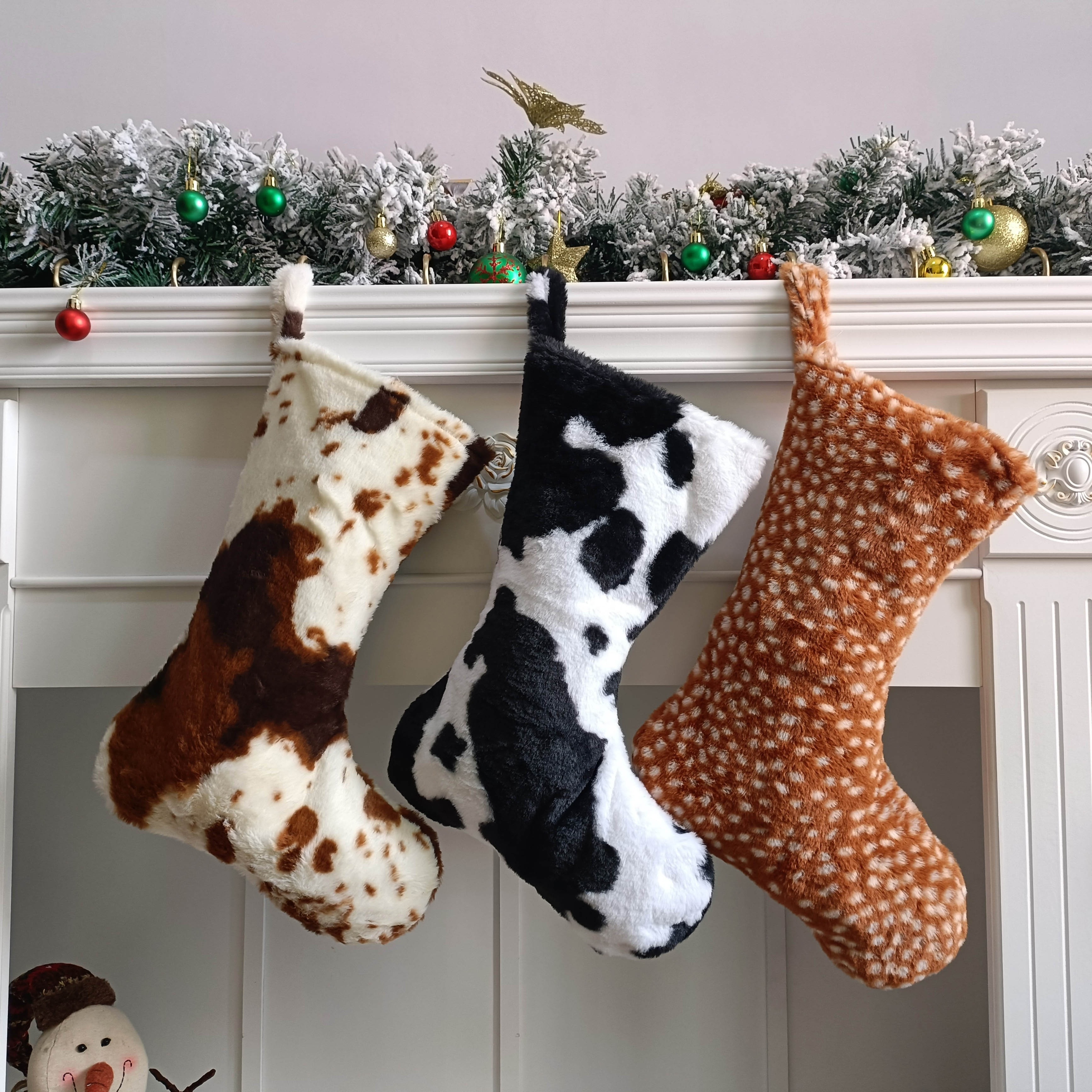 Luxury Faux Fur Christmas Stocking Personalized Cow Plush Christmas Stocking Animal Faux Fur Brown Cow Stockings