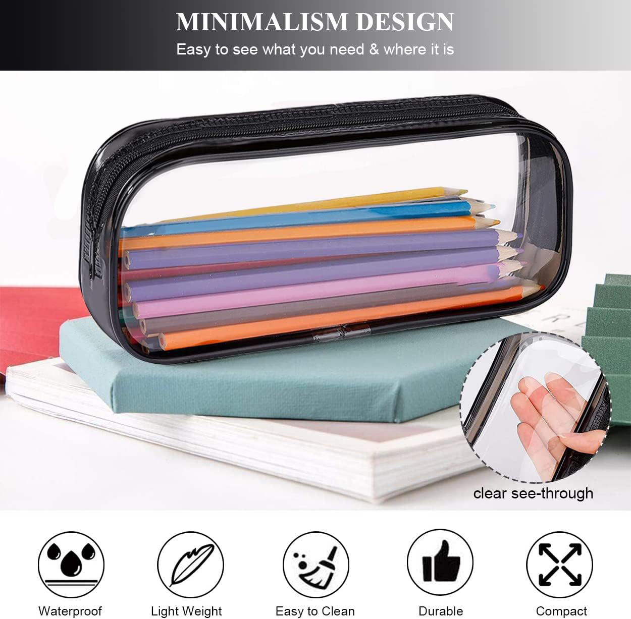 2023 New Transparent Waterproof  pencil case  with Large Capacity and Simplified Student Stationery Box Customized Logo