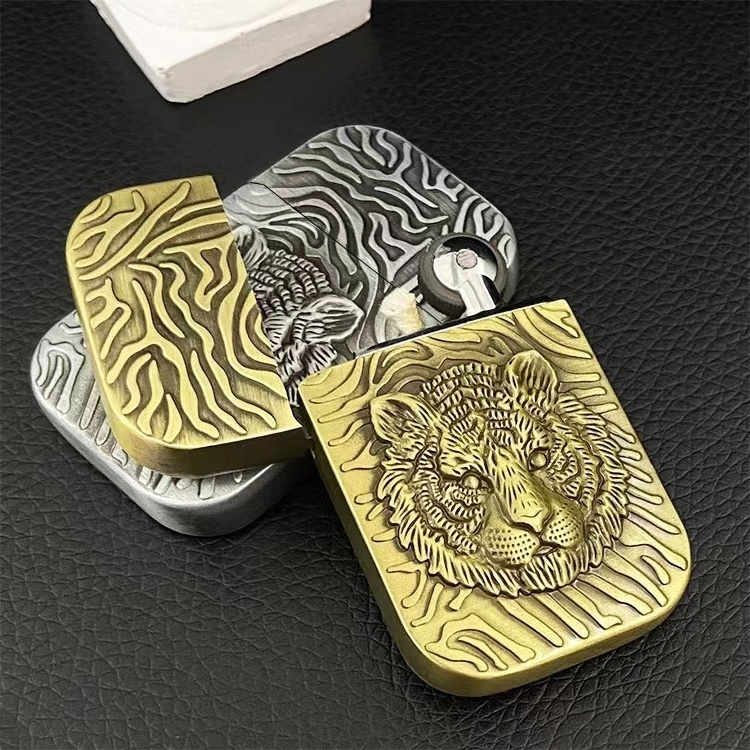 Wholesale Custom Ultrathin Retro Kerosene Lighter,Portable Creative Tiger Relief Open Flame Oil Cigarette Flint Lighter