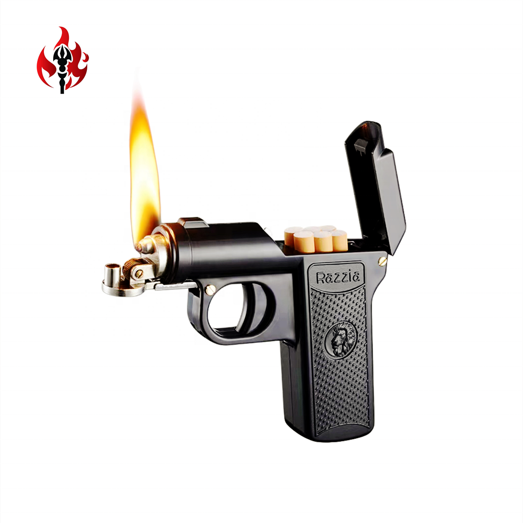 Unique Funny Flame Oil Gun Shaped Cigarette Case Lighter,Emulational Personalized Men Gift Kerosene Lighter With Case