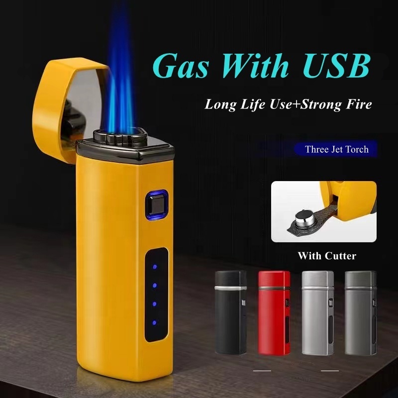 Custom High Quality Windproof Triple Jet Torch USB Cigar Lighter,LED Flashlight Refillable Butane Gas Lighter With Cigar Cutter