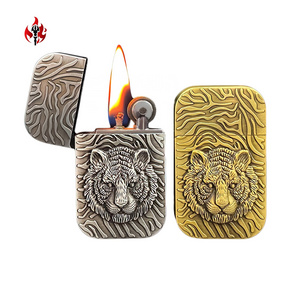 Wholesale Custom Ultrathin Retro Kerosene Lighter,Portable Creative Tiger Relief Open Flame Oil Cigarette Flint Lighter