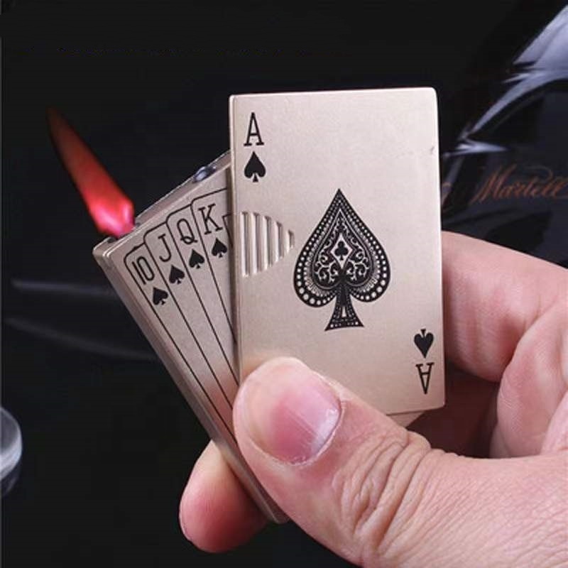 Wholesale Custom Creative Playing Card Gas Lighter,Refillable Windproof Butane Green/ Red Fire Cigarette Poker Lighter