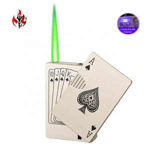 Wholesale Custom Creative Playing Card Gas Lighter,Refillable Windproof Butane Green/ Red Fire Cigarette Poker Lighter