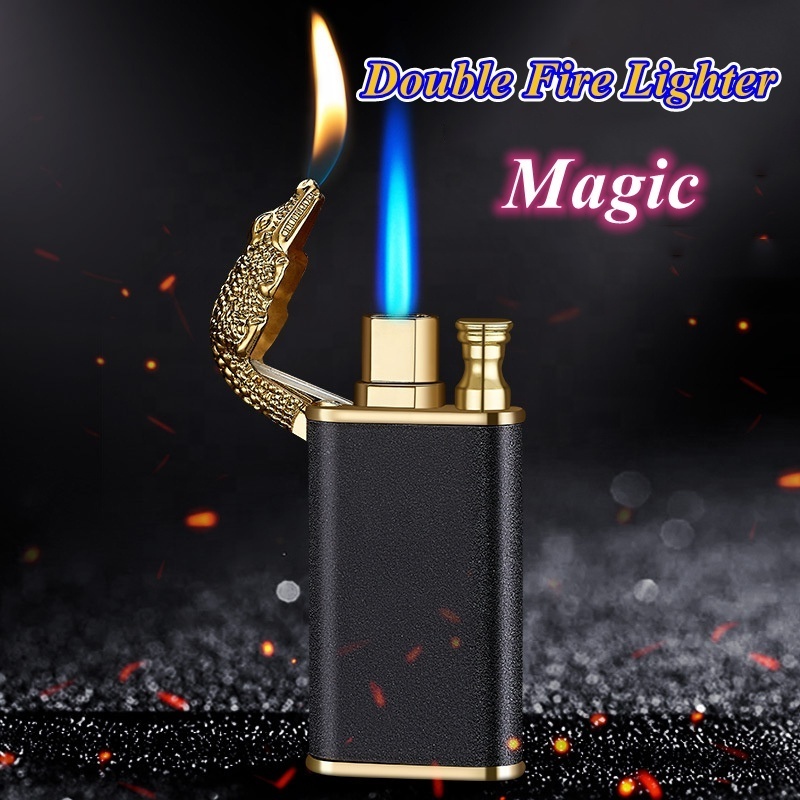 Creative Custom Metal Crocodile/Dolphins Jet Torch Double Fire Windproof Wholesale Refill Butane Gas Cigarette Lighter