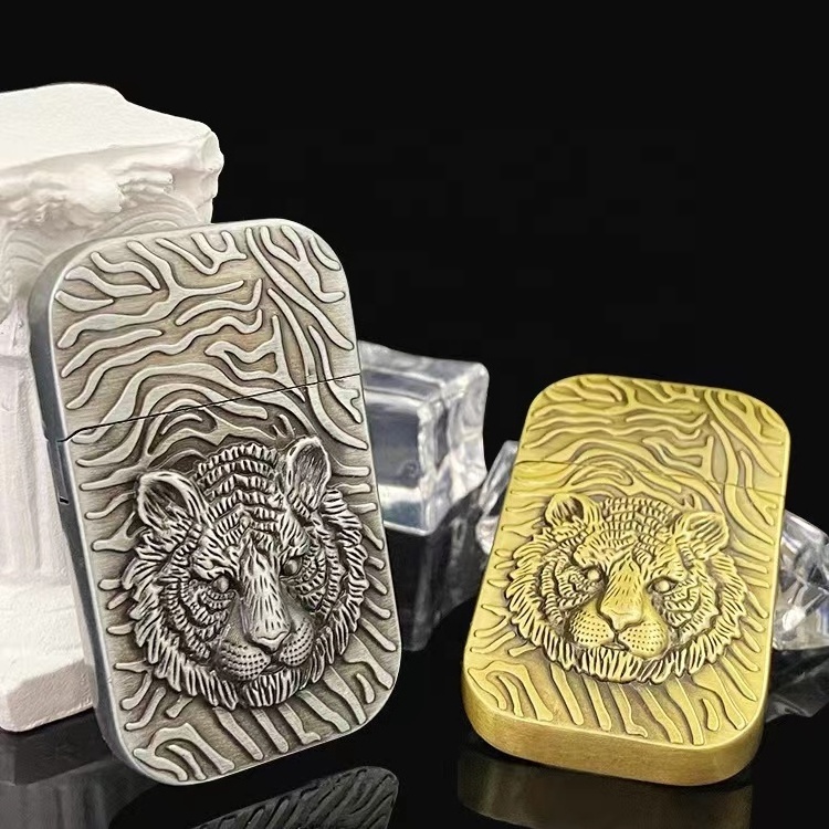 Wholesale Custom Ultrathin Retro Kerosene Lighter,Portable Creative Tiger Relief Open Flame Oil Cigarette Flint Lighter