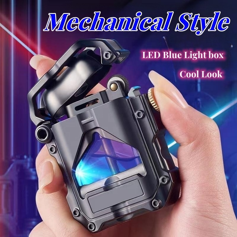 Unique Premium Mecha Series LED Blue Light Transparent Steam Box Kerosene Lighter,Portable Retro Flint Refill Oil Lighter