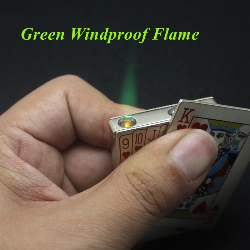 Wholesale Custom Creative Playing Card Gas Lighter,Refillable Windproof Butane Green/ Red Fire Cigarette Poker Lighter