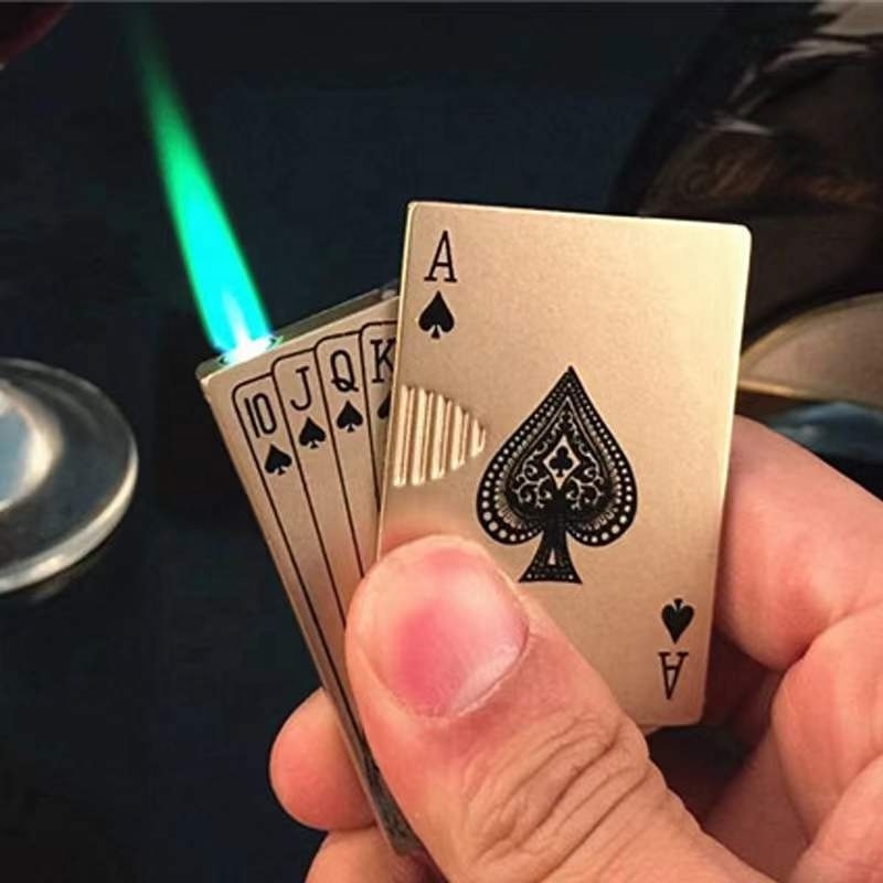 Wholesale Custom Creative Playing Card Gas Lighter,Refillable Windproof Butane Green/ Red Fire Cigarette Poker Lighter