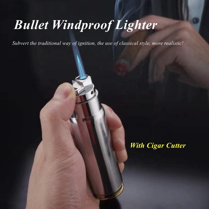 High-end Creative Big Bullet Table Lighter,Refillable Windproof Jet Torch Gas Lighter Smoking Accessories With Cigar Cutter