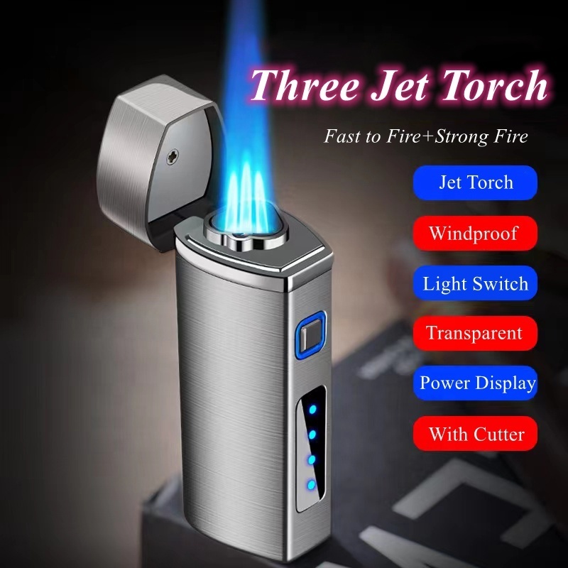 Custom High Quality Windproof Triple Jet Torch USB Cigar Lighter,LED Flashlight Refillable Butane Gas Lighter With Cigar Cutter