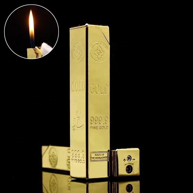 Fashion Slim Long Gold Bar Gas Flame Lighter,Wholesale Lipstick Style Metal Gold Bars Inflating Cigarette Lighter