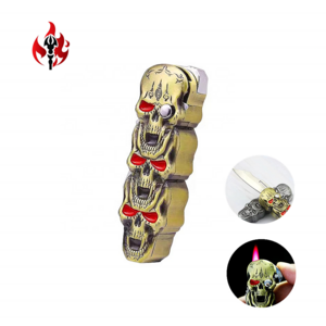 Wholesale Multi-function Creative Halloween Three Skulls Gas Lighter,Windproof Red Fire Refillable Cigarette Lighter With Knife