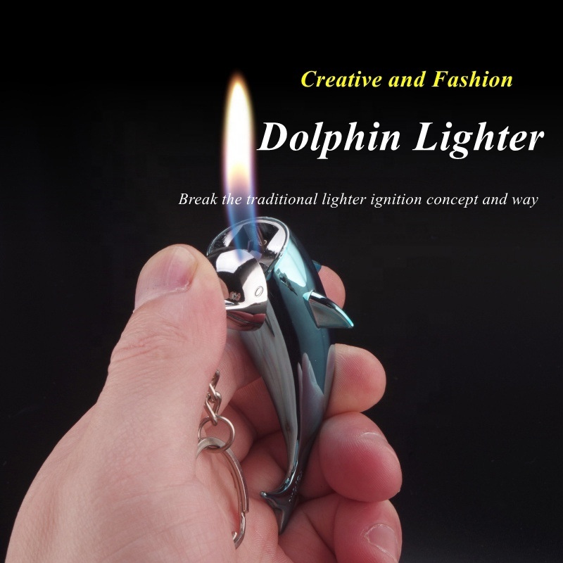 Wholesale Mini Creative Dolphin Lighter,Portable Refillable Butane Gas Flame Fish Shaped Cigarette Lighter With Keychain