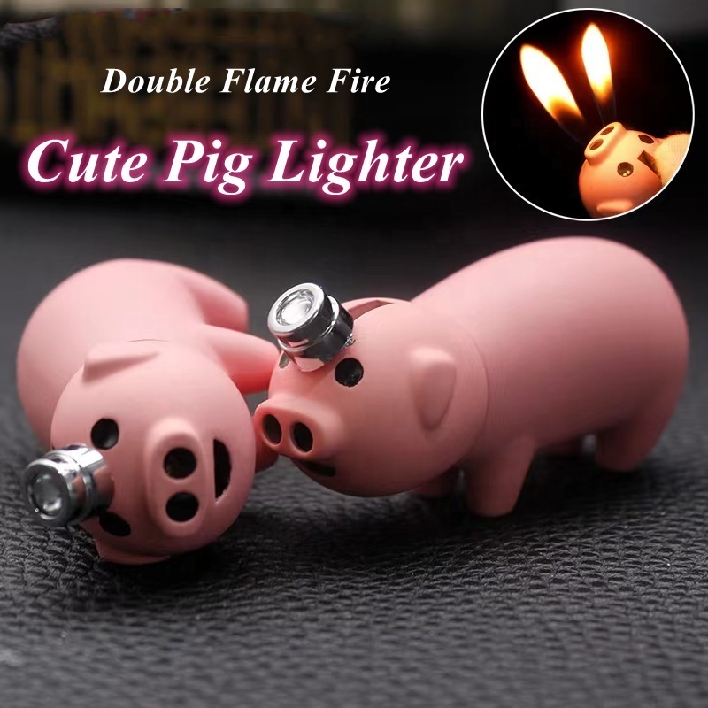 Novelty Creative Christmas Piggy Pink Double Flame Lighter,Wholesale two Fire Cute Pig Refillable Gas Lighter For Gift Promotion