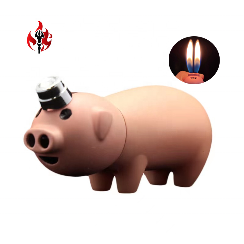 Novelty Creative Christmas Piggy Pink Double Flame Lighter,Wholesale two Fire Cute Pig Refillable Gas Lighter For Gift Promotion