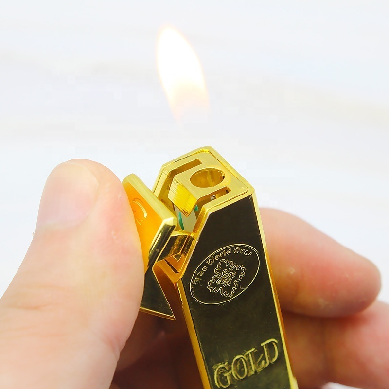 Fashion Slim Long Gold Bar Gas Flame Lighter,Wholesale Lipstick Style Metal Gold Bars Inflating Cigarette Lighter