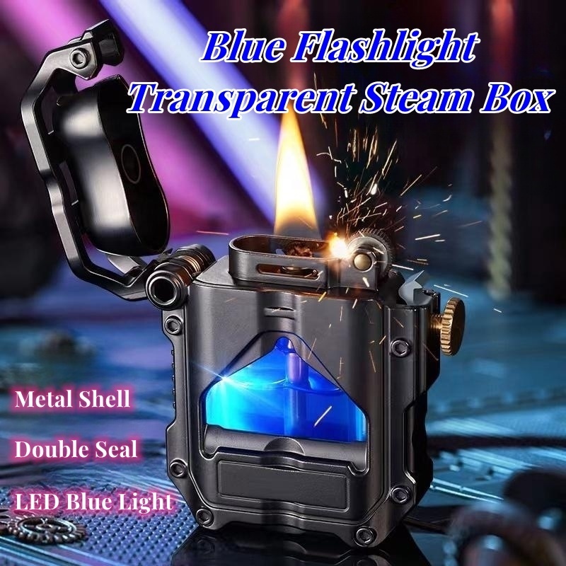 Unique Premium Mecha Series LED Blue Light Transparent Steam Box Kerosene Lighter,Portable Retro Flint Refill Oil Lighter