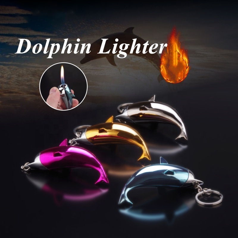 Wholesale Mini Creative Dolphin Lighter,Portable Refillable Butane Gas Flame Fish Shaped Cigarette Lighter With Keychain