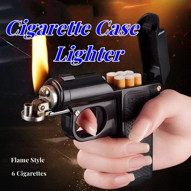 Unique Funny Flame Oil Gun Shaped Cigarette Case Lighter,Emulational Personalized Men Gift Kerosene Lighter With Case