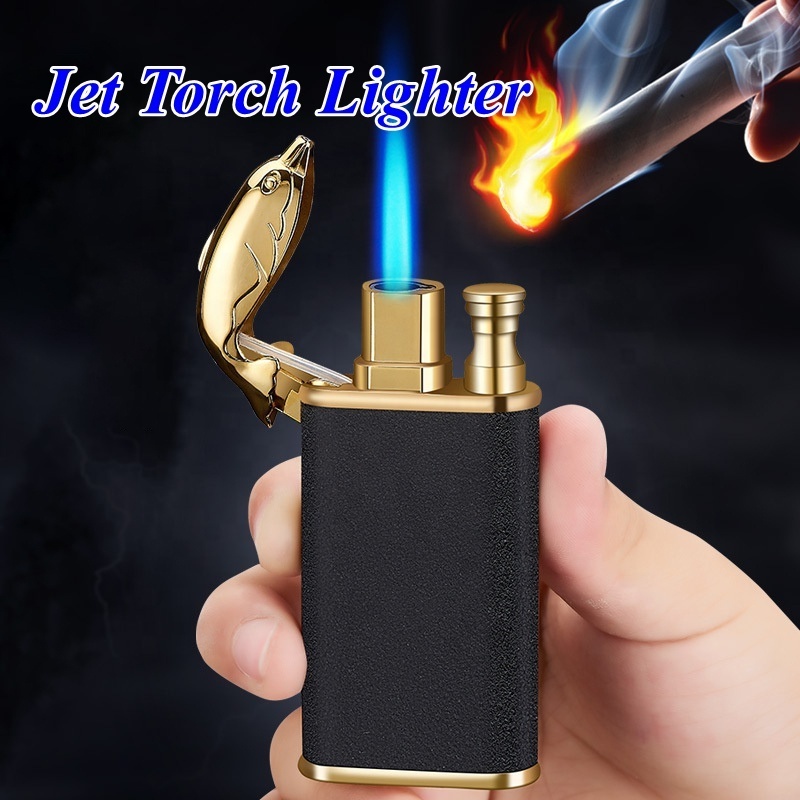 Creative Custom Metal Crocodile/Dolphins Jet Torch Double Fire Windproof Wholesale Refill Butane Gas Cigarette Lighter