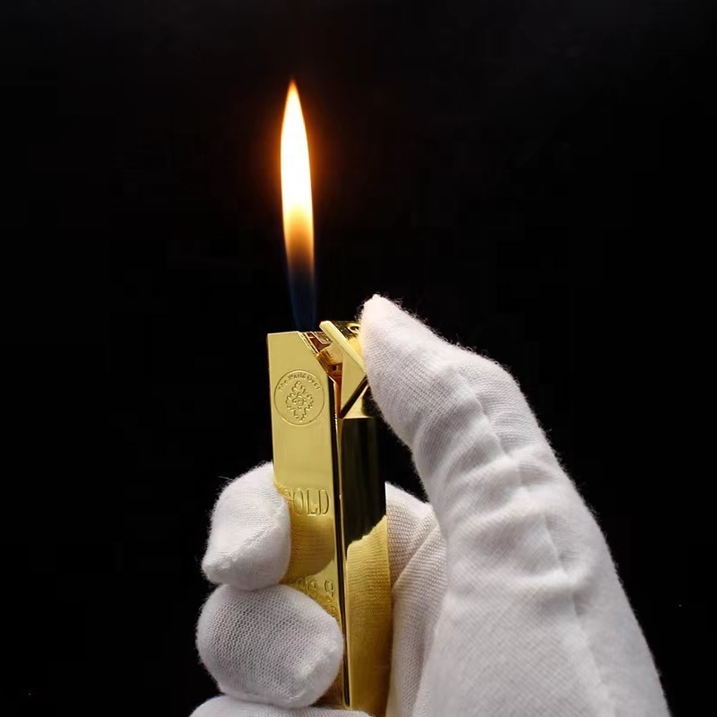 Fashion Slim Long Gold Bar Gas Flame Lighter,Wholesale Lipstick Style Metal Gold Bars Inflating Cigarette Lighter