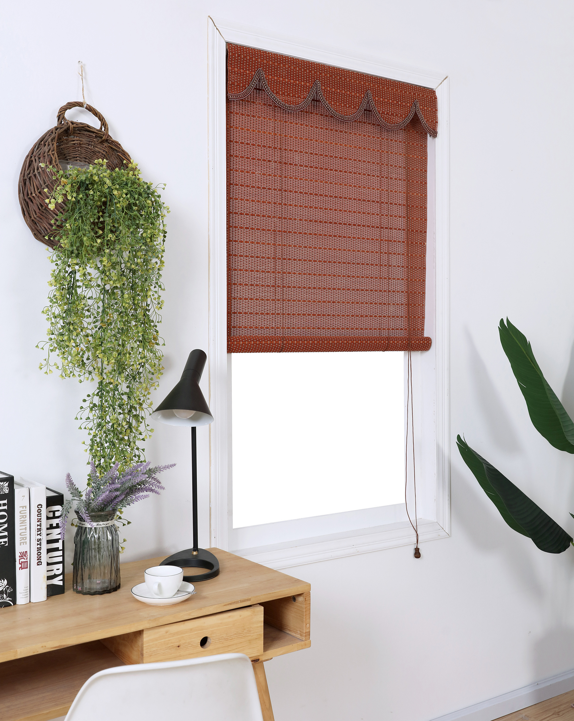 Haoyan nature bamboo roll up shade wooden sticks roller blinds with lock and pully