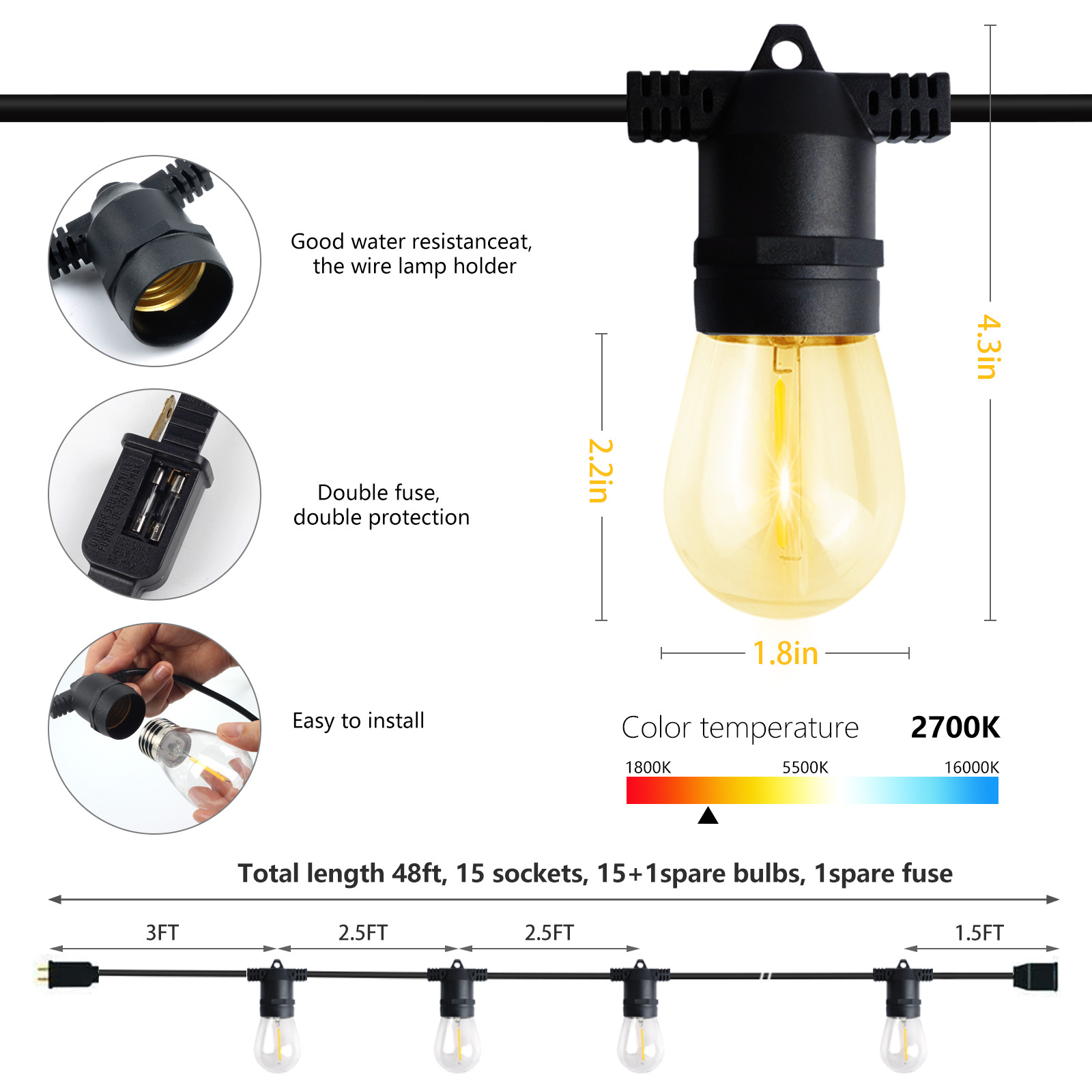 New upgraded Outside Festoon Gazebo String Lights S14 Garden Lighting Patio Fairy Lights 48FT 15 bulbs ETL listed