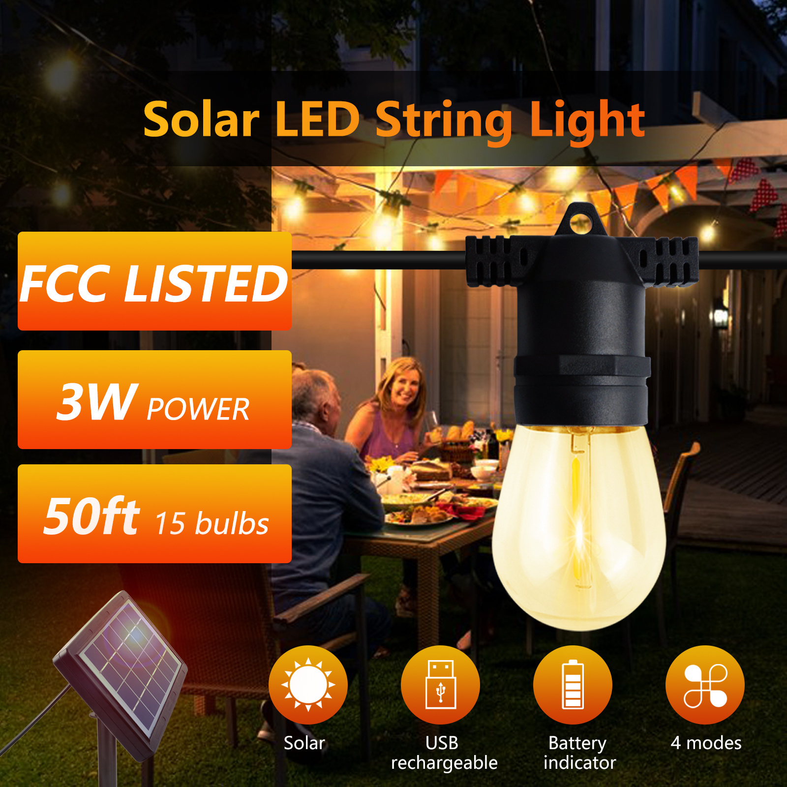 Long working time 50FT 15 pcs led bulb outdoor solar lamp string light waterproof solar flame string light