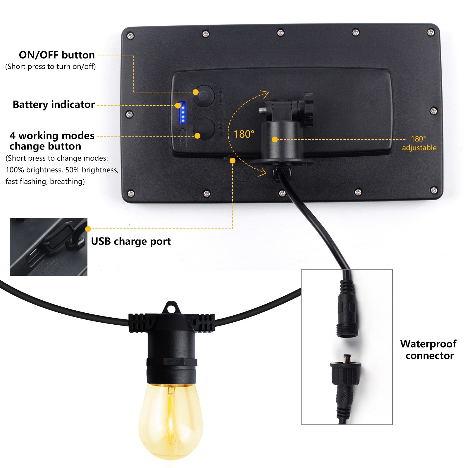 Long working time 50FT 15 pcs led bulb outdoor solar lamp string light waterproof solar flame string light