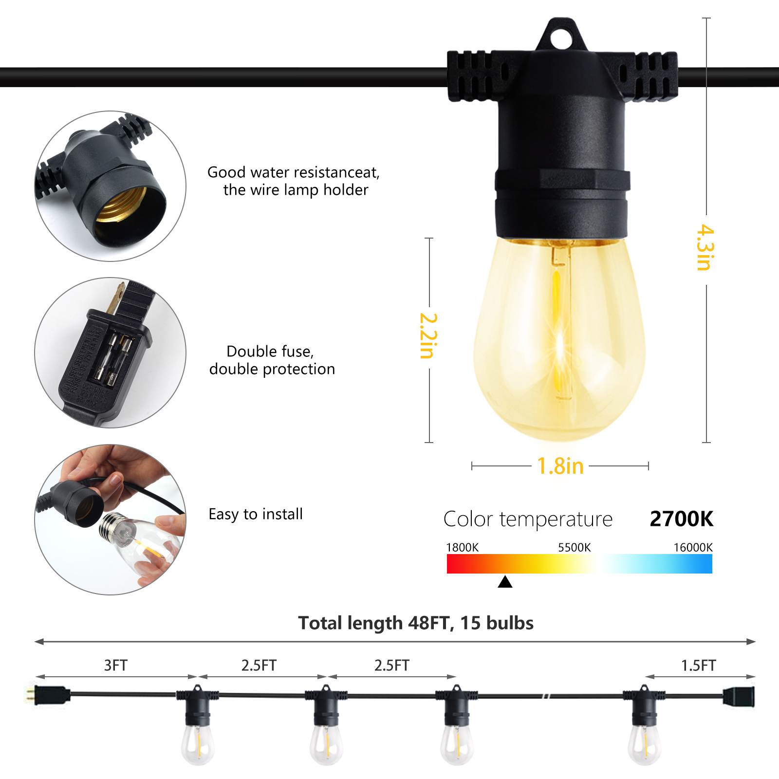 48ft 15 bulbs+1spare s14 string lights patio lighting wedding and other events decoration lights