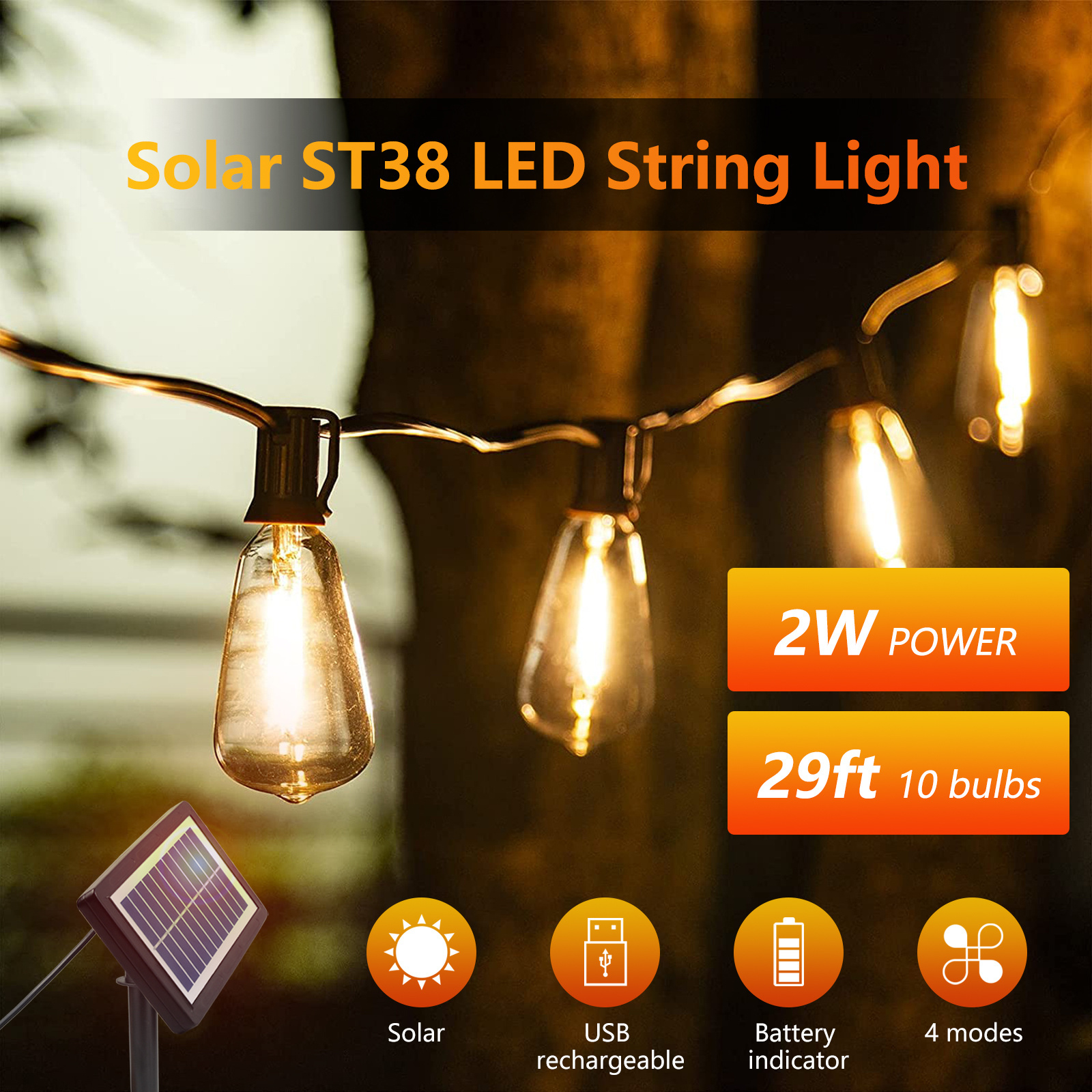 29ft,50ft,100ft available solar powered string light ST38 led bulbs  quick charging long time work solar bulb string lights