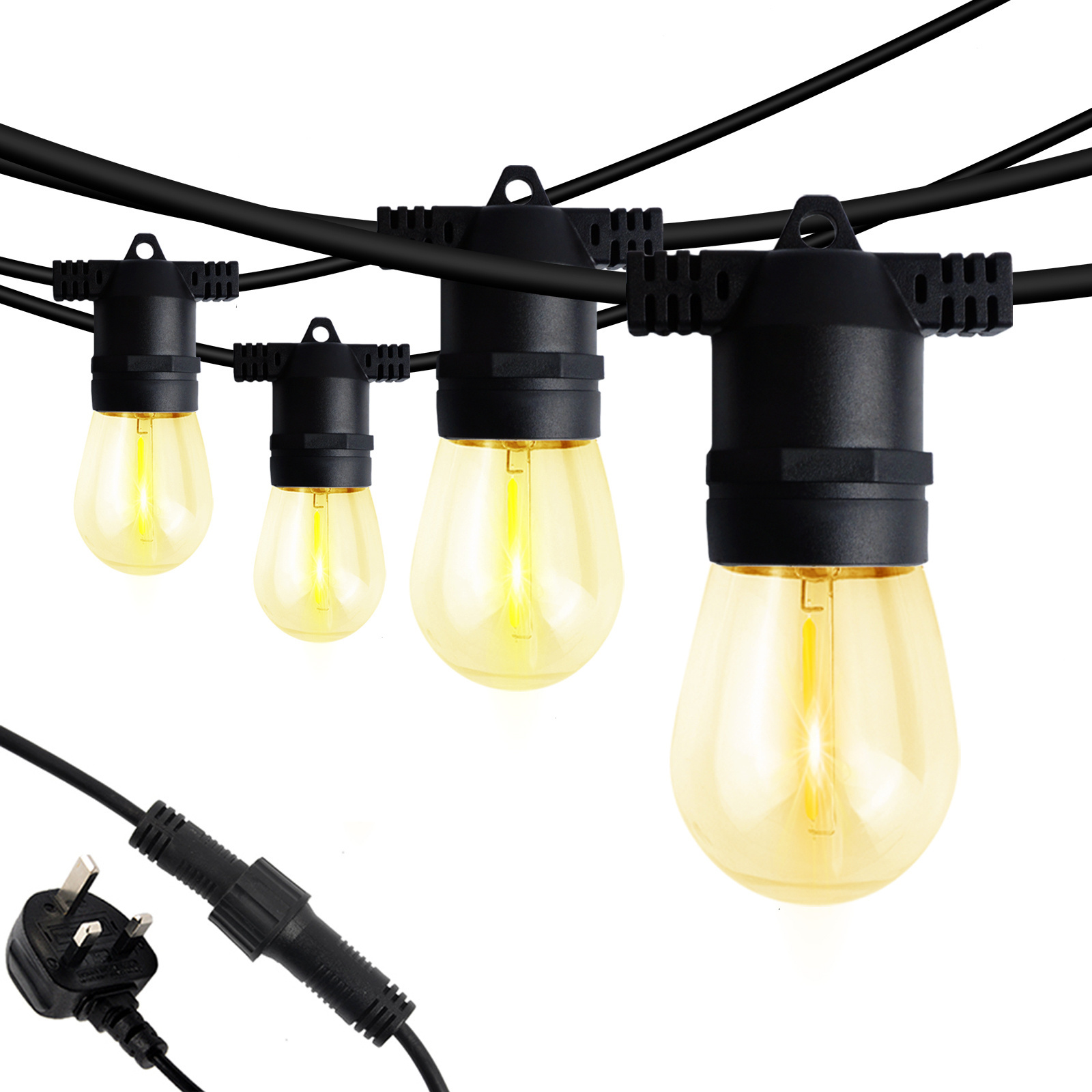 48FT 15 pcs plastic S14 e27 edison bulb black PVC wire uk plug 230V festoon hanging lights