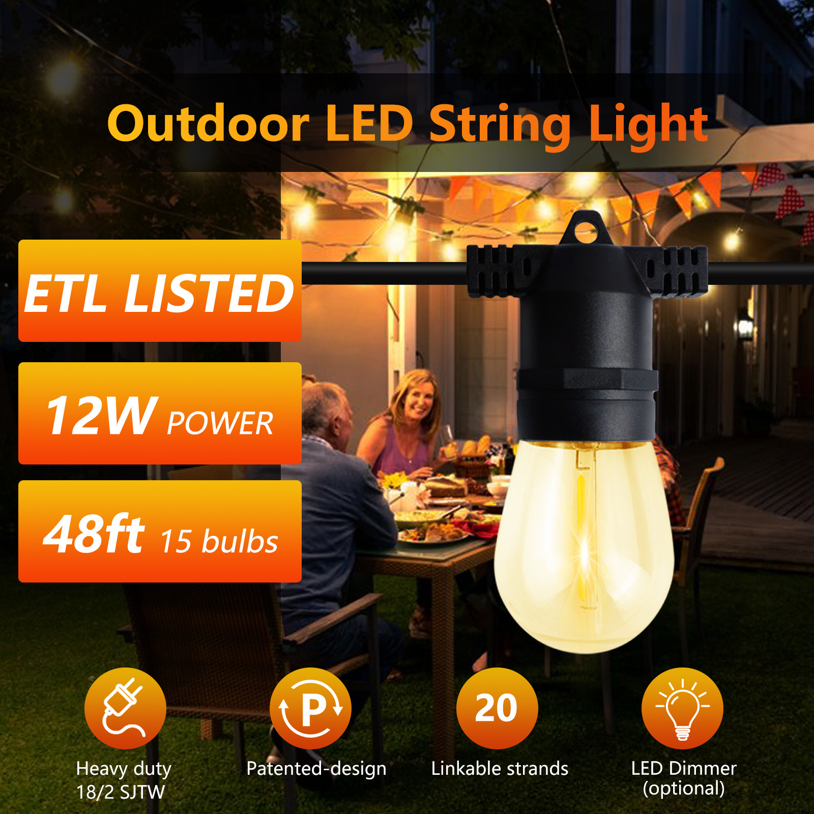 New upgraded Outside Festoon Gazebo String Lights S14 Garden Lighting Patio Fairy Lights 48FT 15 bulbs ETL listed