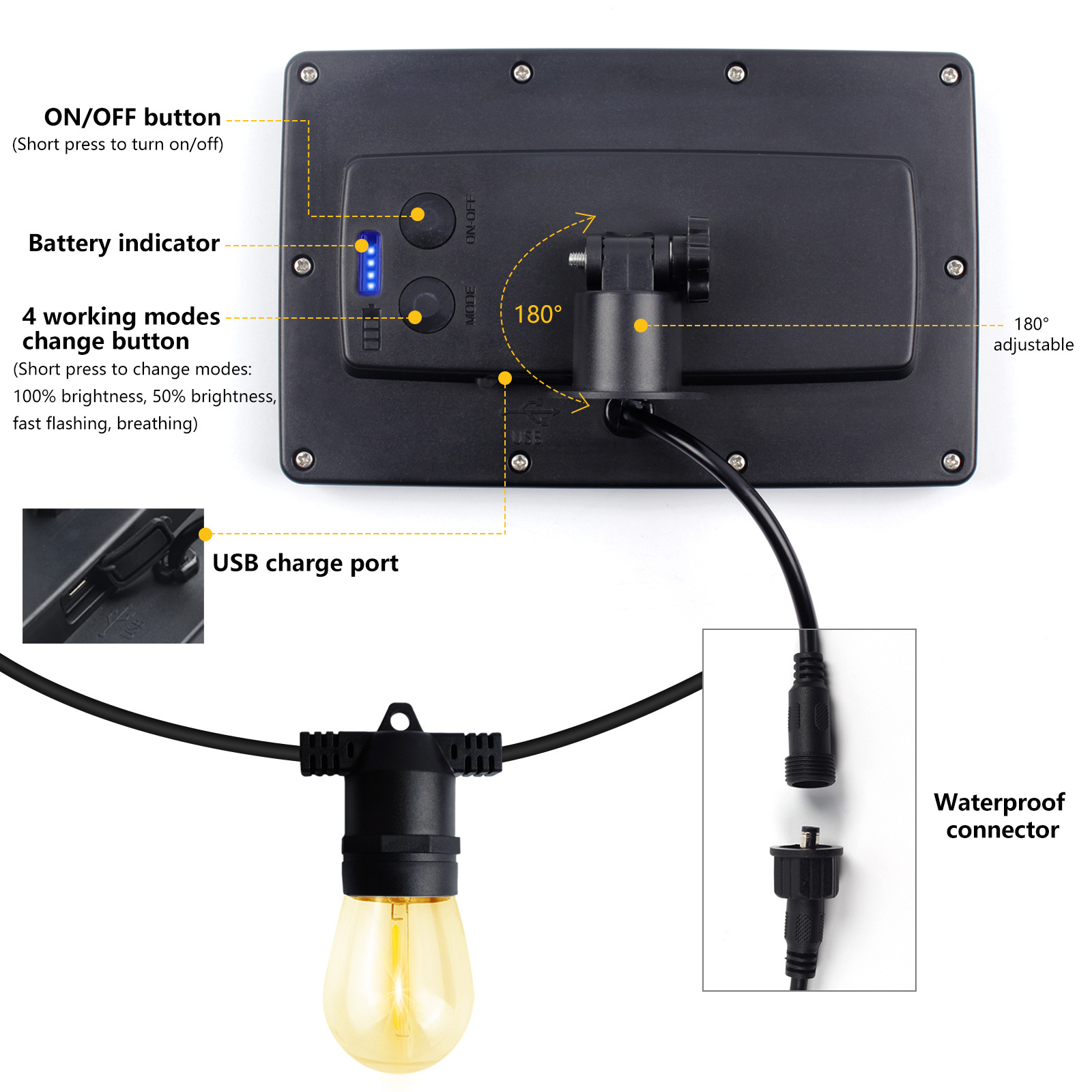 New launched 29FT(8.8m) 10 bulbs USB rechargeable garden string lights decorative led solar outdoor string lights