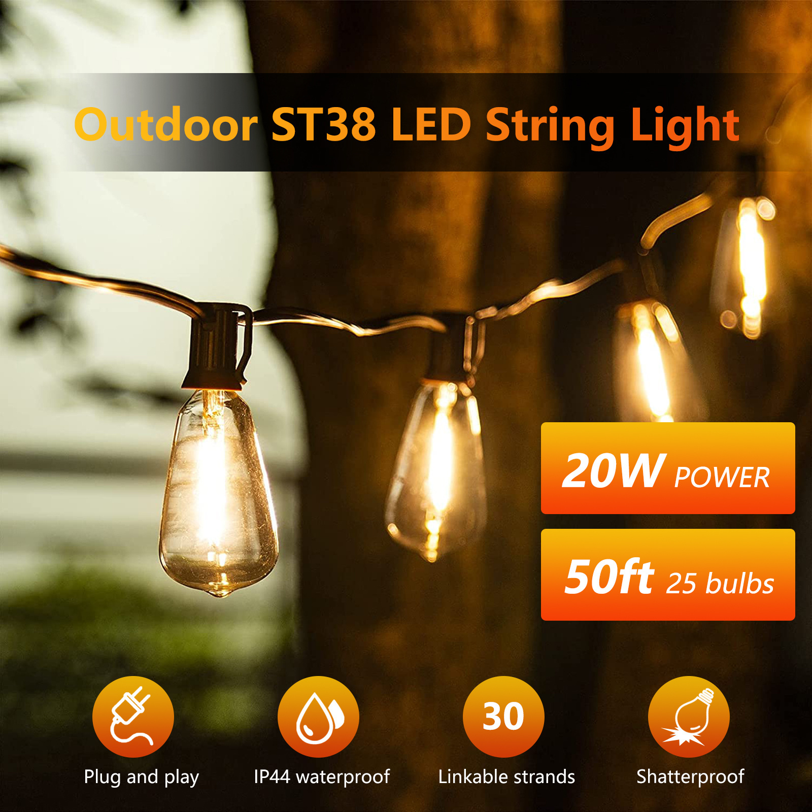 50ft 25 pcs Vintage LED Bulbs 2700k warm white 120V US plug outdoor patio led st38 light string S14 string lights available