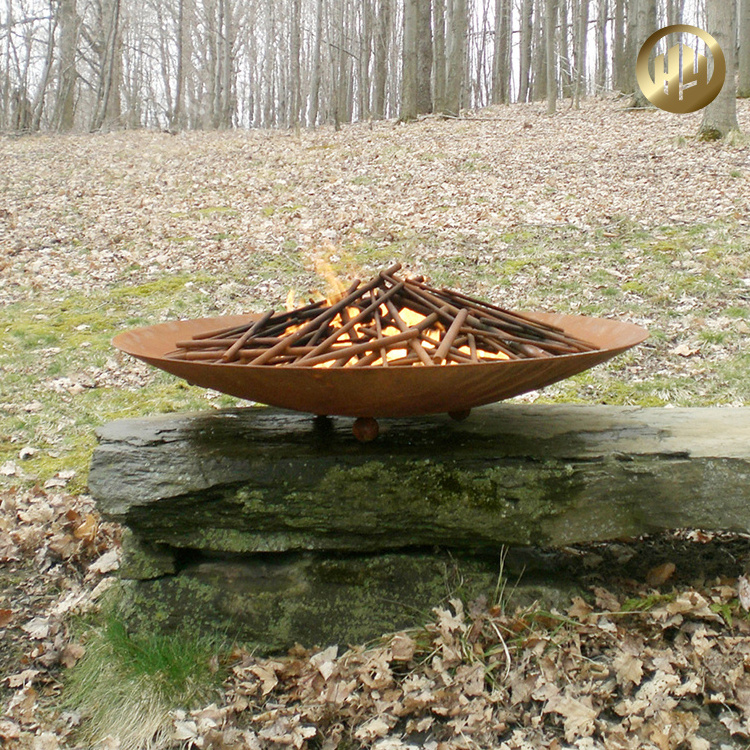 Camping Wood Burning Corten Steel Rusty Metal Grill BBQ Round Fire Bowl Pit