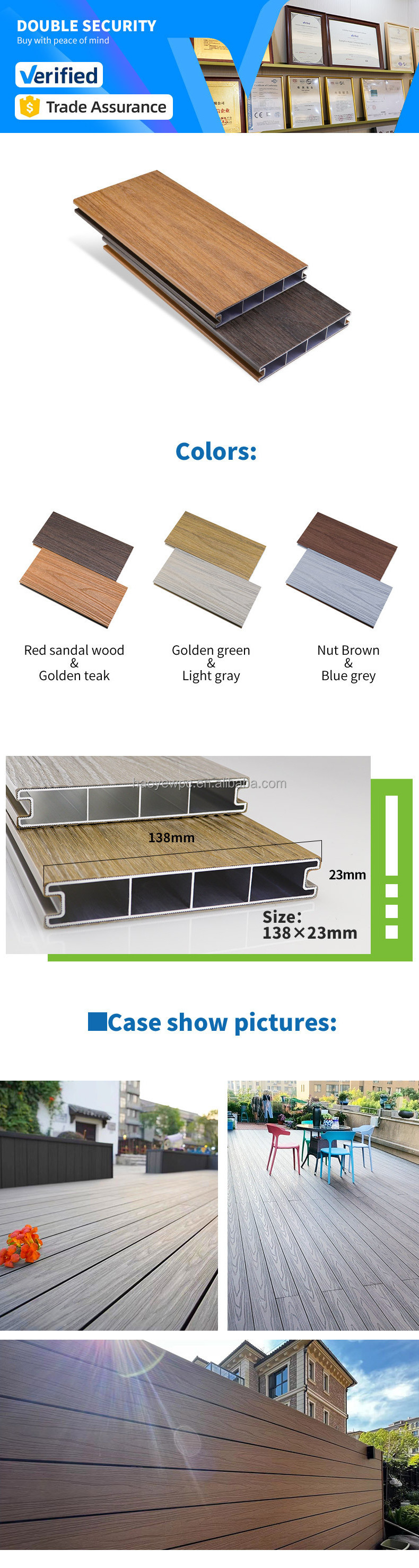 Hoyeah 13823 aluminum wood plastic composite co-extruded decking outdoor waterproof non-slip durable aluminum wpc deck