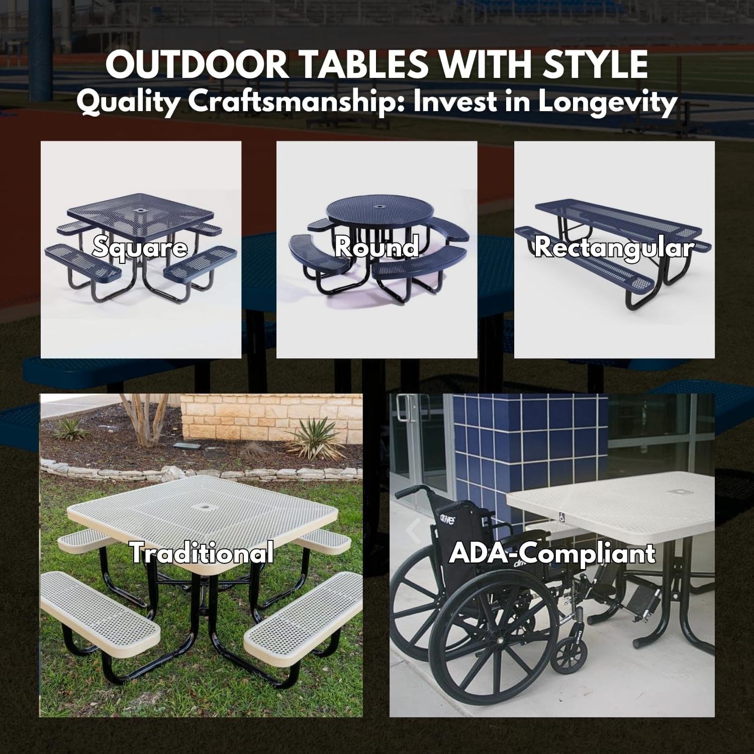 Customized Camping Metal Steel Dining Table Picnic Table Bench with Umbrella Hole Outdoor Furniture Table and Chairs Set