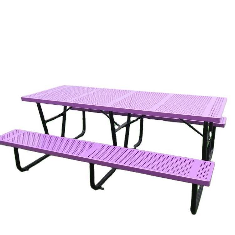 Customized Camping Metal Steel Dining Table Picnic Table Bench with Umbrella Hole Outdoor Furniture Table and Chairs Set