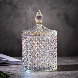 Unique deluxe iridescent Roman glass candle jar Crystal carved glass candle holder with glass lid