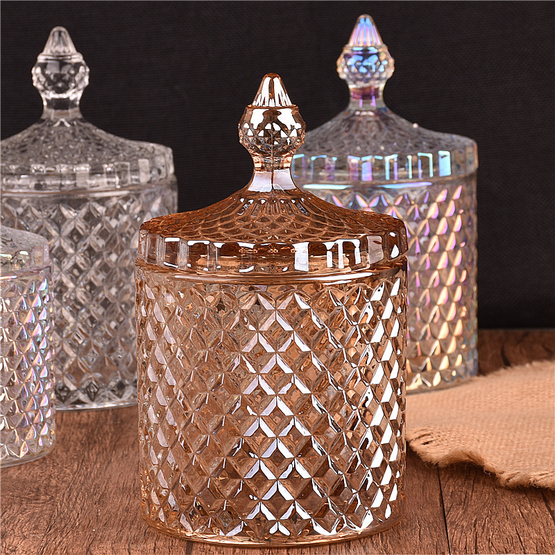 Unique deluxe iridescent Roman glass candle jar Crystal carved glass candle holder with glass lid