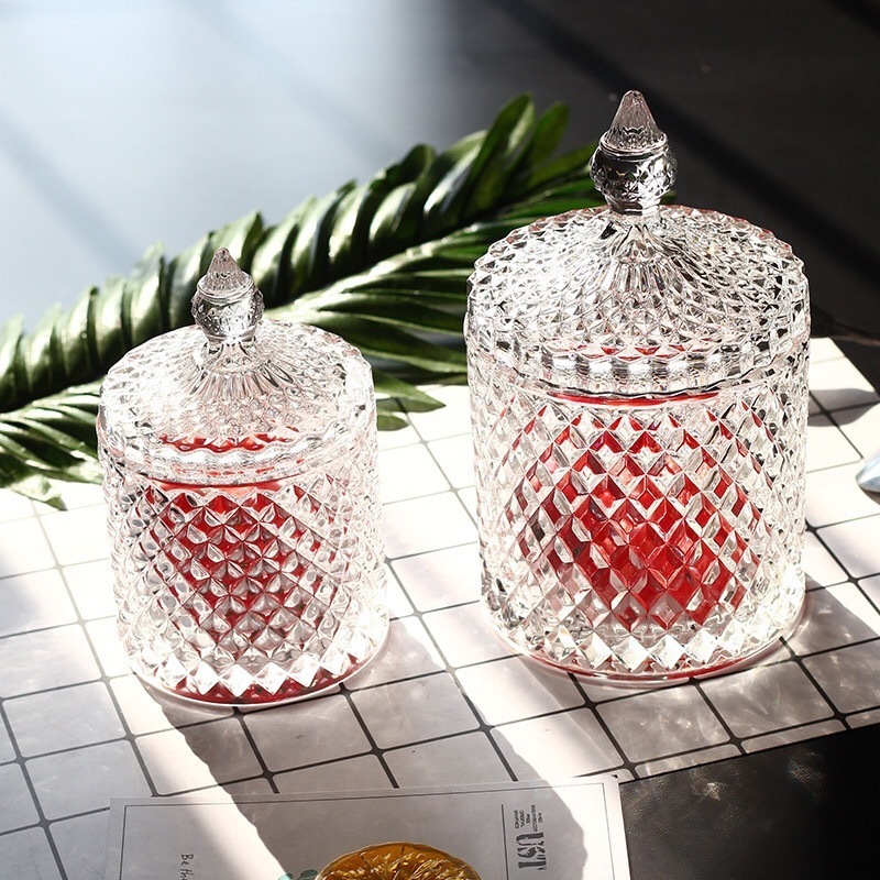 Unique deluxe iridescent Roman glass candle jar Crystal carved glass candle holder with glass lid