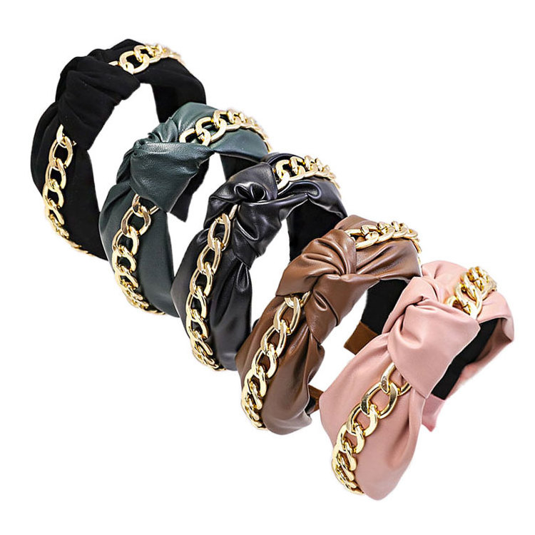 Hair Bands For Women Stylish Luxury Hairbands Metal Chain PU Leather Knot Headband